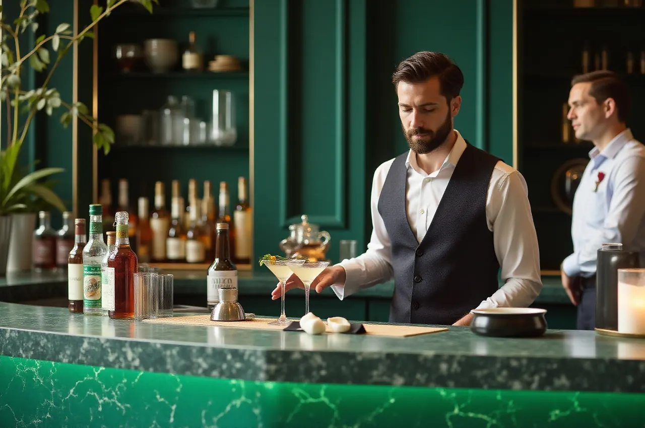 Barman w kamizelce przygotowuje drinki przy długim barze z podświetlonymi butelkami, w tle rozmawiający goście
