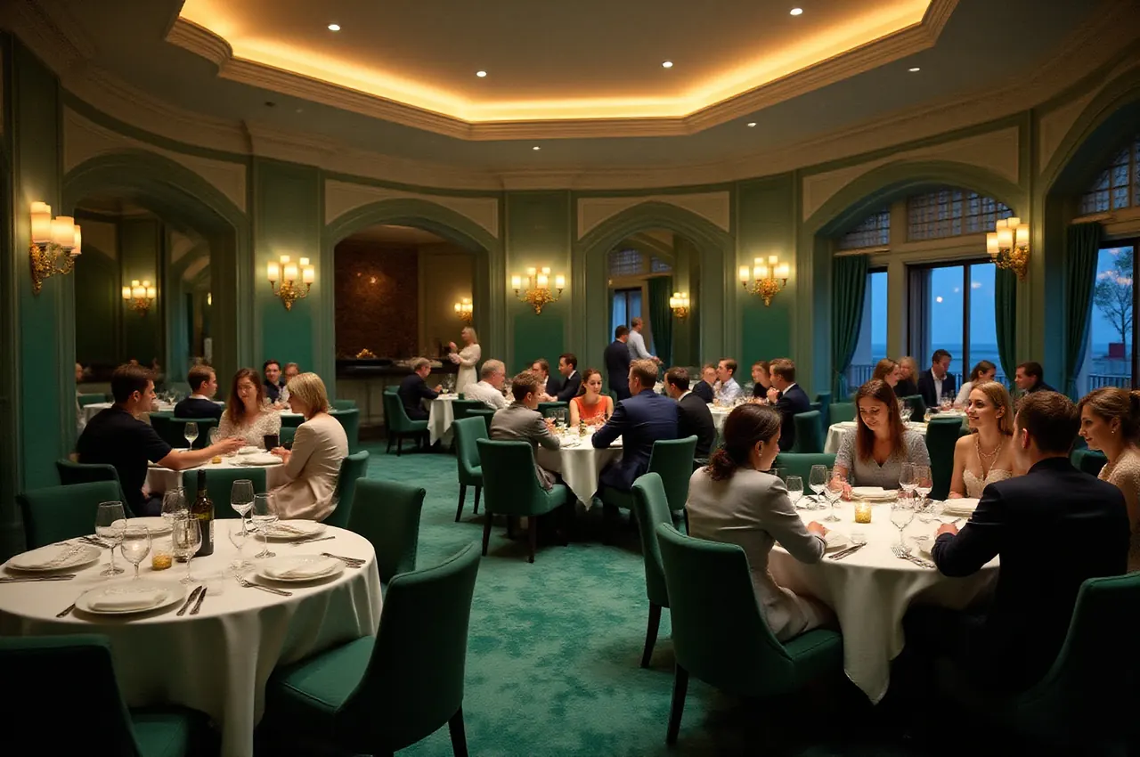 Elegancka sala restauracji i salonu gier pełna gości przy stołach ze świecami, w głębokiej zieleni i marmurze
