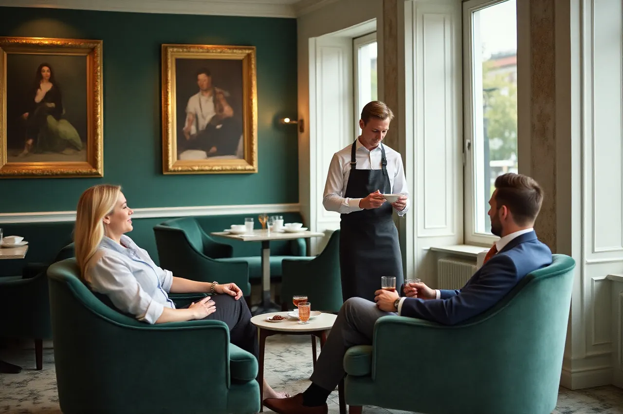 Goście odpoczywający w głębokich fotelach w lounge’u po kolacji, kelner podaje drinki